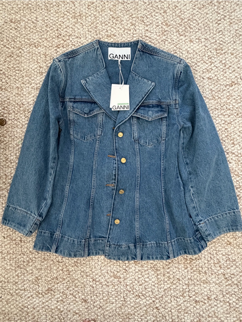Ganni Blue Washed Denim Jacket with Gold Buttons - Picture 3 of 4